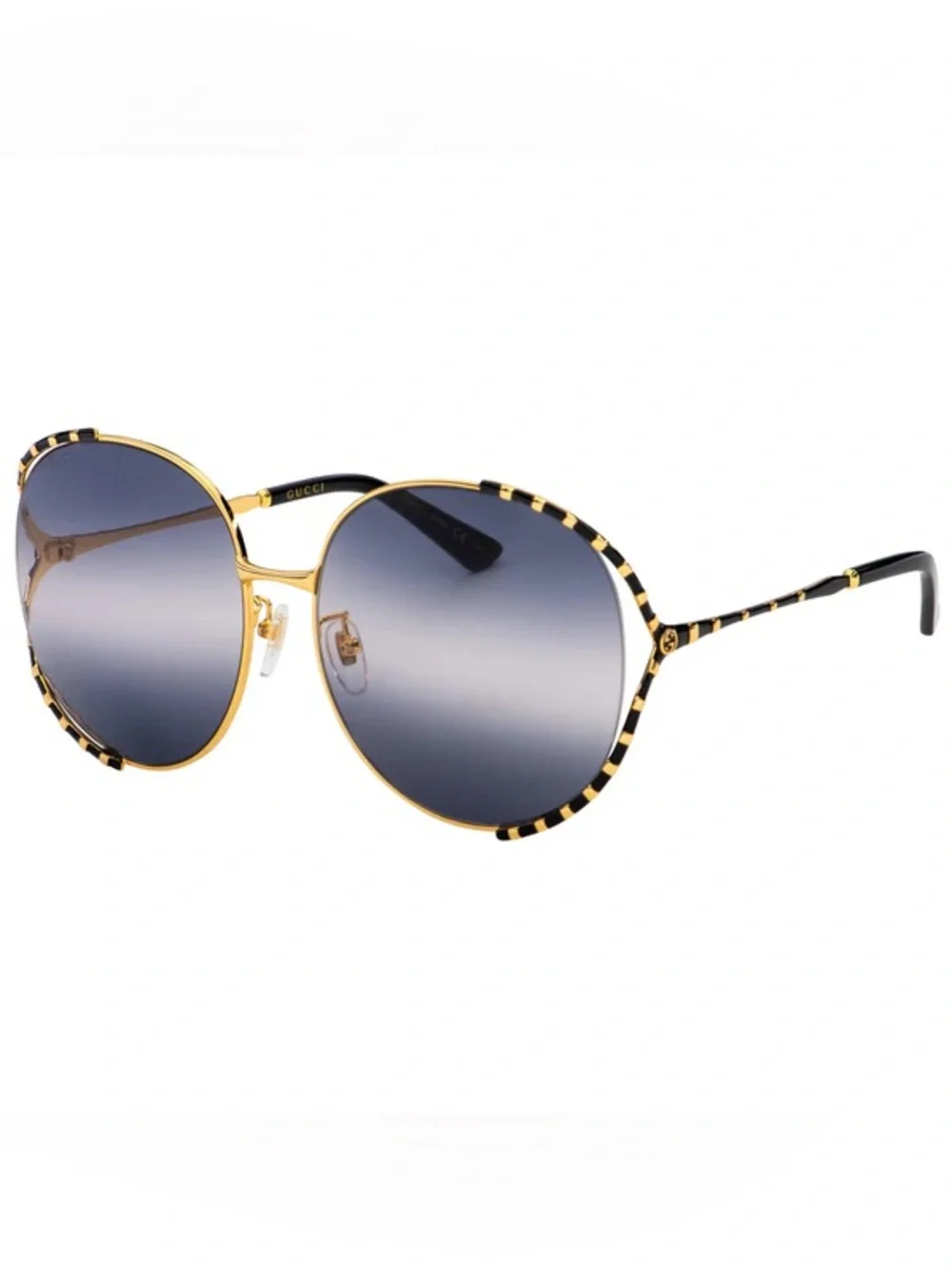 Gucci Gold Round Sunglasses with Black Checker Trim and Gradient Lenses